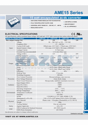 AME15-15D datasheet - 15 watt encapsulated ac-dc converter