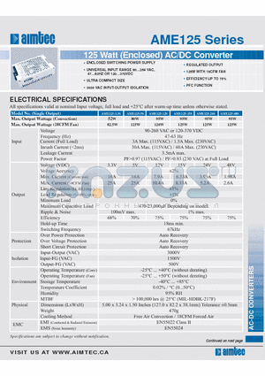 AME125-5S datasheet - 125 Watt (Enclosed) AC/DC Converter