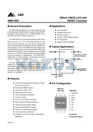 AME1300HEQA270 datasheet - 300mA CMOS LDO with RESET Function