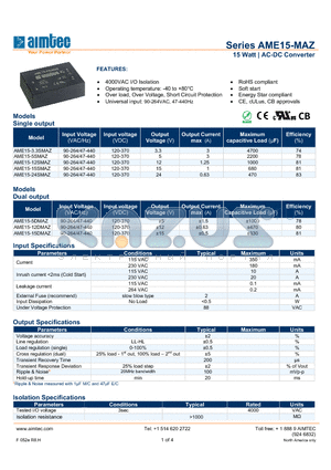 AME15-24SMAZ datasheet - 15 Watt | AC-DC Converter