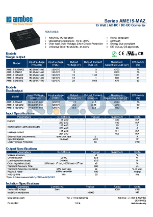AME15-3.3SMAZ datasheet - 15 Watt | AC-DC / DC-DC Converter