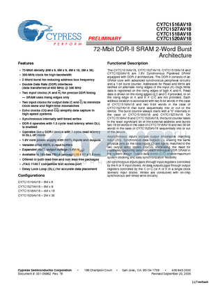 CY7C1516AV18-200BZXI datasheet - 72-Mbit DDR-II SRAM 2-Word Burst Architecture