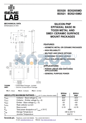 BDS21 datasheet - SILICON PNP EPITAXIAL BASE IN TO220 METAL AND SMD1 CERAMIC SURFACE MOUNT PACKAGES