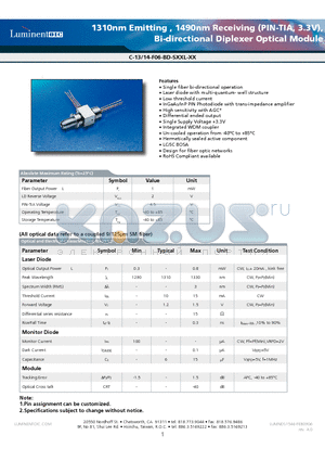 C-13-14-F06-BD-SSCL-G5 datasheet - 1310nm Emitting , 1490nm Receiving (PIN-TIA, 3.3V), Bi-directional Diplexer Optical Module