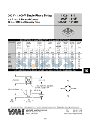 1302UF datasheet - 200 V - 1,000 V Single Phase Bridge 4.5 A - 5.0 A Forward Current 70 ns - 3000 ns Recovery Time