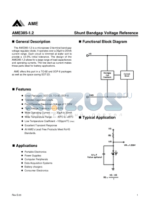 AME385-1.2 datasheet - Shunt Bandgap Voltage Reference