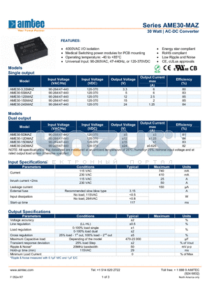 AME30-3.3SMAZ datasheet - 30 Watt | AC-DC Converter