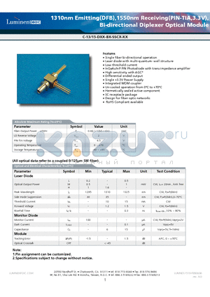 C-13-15-D02-B-SSCL-GR datasheet - 1310nm Emitting(DFB),1550nm Receiving(PIN-TIA,3.3V), Bi-directional Diplexer Optical Module