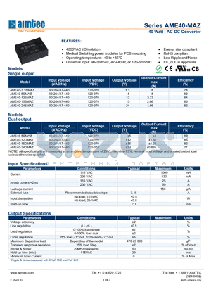AME40-5SMAZ datasheet - 40 Watt | AC-DC Converter