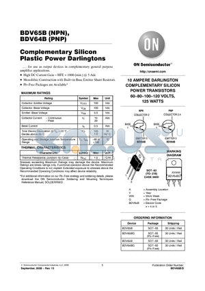 BDV64B datasheet - Complementary Silicon Plastic Power Darlingtons