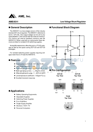 AME4311EEET datasheet - Low Voltage Shunt Regulator
