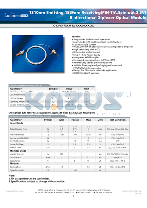 C-13-15-F02M-P-MMUL datasheet - 1310nm Emitting,1550nm Receiving(PIN-TIA,5pin-out,3.3V) Bi-directional Diplexer Optical Module