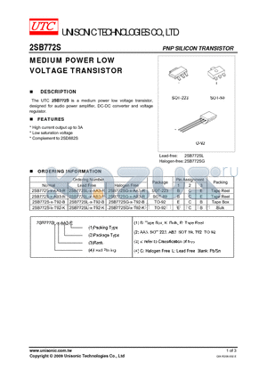 2SB772S-X-T92-K datasheet - MEDIUM POWER LOW VOLTAGE TRANSISTOR