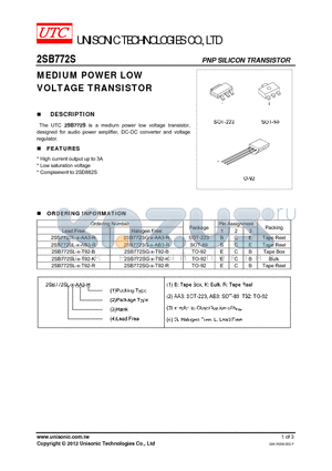 2SB772SG-X-AA3-R datasheet - MEDIUM POWER LOW VOLTAGE TRANSISTOR