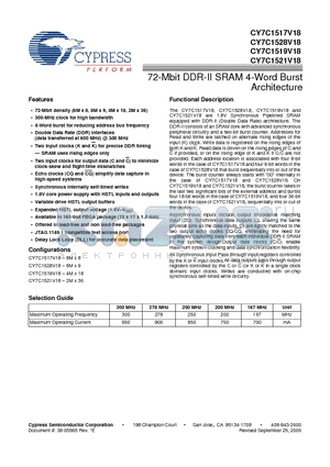 CY7C1521V18-167BZXC datasheet - 72-Mbit DDR-II SRAM 4-Word Burst Architecture