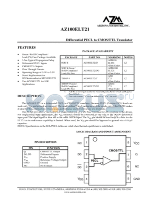 AZ100ELT21DG datasheet - Differential PECL to CMOS/TTL Translator