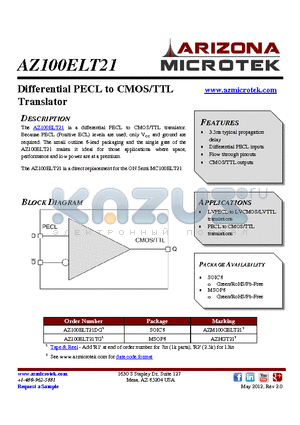 AZ100ELT21DG datasheet - Differential PECL to CMOS/TTL Translator