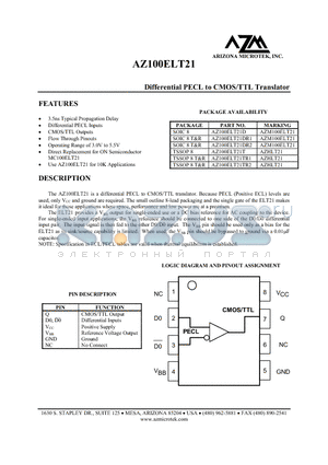 AZ100ELT21DR2 datasheet - Differential PECL to CMOS/TTL Translator