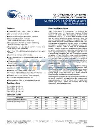 CY7C1522AV18-250BZXC datasheet - 72-Mbit DDR-II SIO SRAM 2-Word Burst Architecture