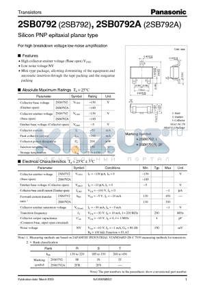 2SB792A datasheet - For High Breakdown Voltage Low-noise Amplification