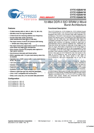 CY7C1522AV18-278BZI datasheet - 72-Mbit DDR-II SIO SRAM 2-Word Burst Architecture