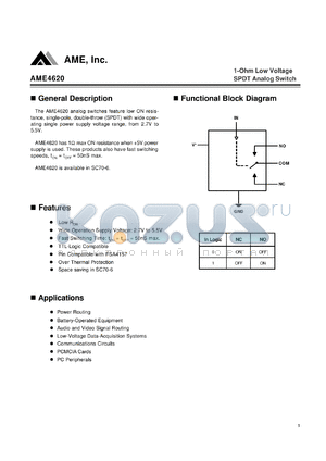 AME4620BEIY datasheet - 1-Ohm Low Voltage SPDT Analog Switch