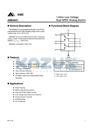 AME4621 datasheet - 1-Ohm Low Voltage Dual SPDT Analog Switch