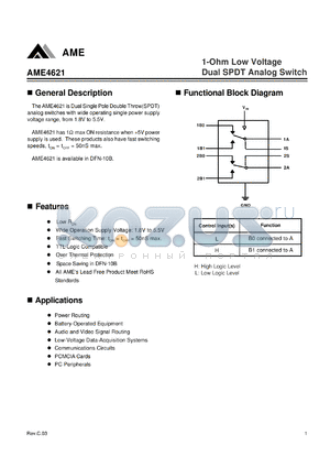 AME4621AEVBZ-3 datasheet - 1-Ohm Low Voltage Dual SPDT Analog Switch