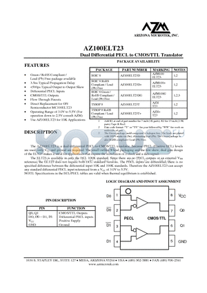 AZ100ELT23D datasheet - Dual Differential PECL to CMOS/TTL Translator