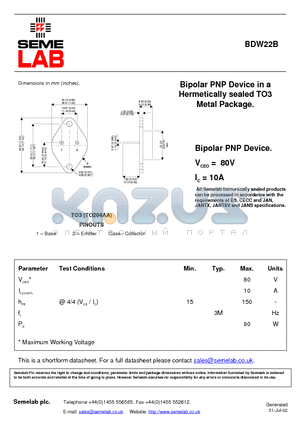 BDW22B datasheet - Bipolar PNP Device in a Hermetically sealed TO3
