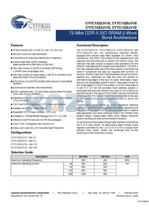 CY7C1523JV18-300BZC datasheet - 72-Mbit DDR-II SIO SRAM 2-Word Burst Architecture