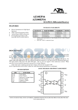 AZ100EP16D datasheet - ECL/PECL Differential Receiver