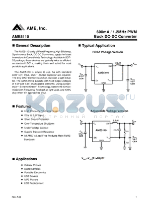 AME5110AEEV150Y datasheet - 600mA / 1.2MHz PWM Buck DC-DC Converter