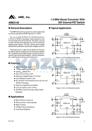 AME5140AEEAADJZ3 datasheet - 1.6 MHz Boost Converter With 30V Internal FET Switch