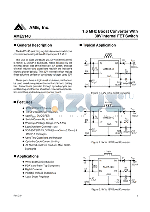 AME5140AEEVADJY datasheet - 1.6 MHz Boost Converter With 30V Internal FET Switch