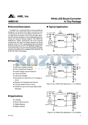 AME5142 datasheet - White LED Boost Converter In Tiny Package