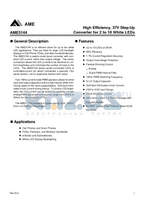 AME5144-AVAADJ datasheet - High Efficiency, 37V Step-Up Converter for 2 to 10 White LEDs