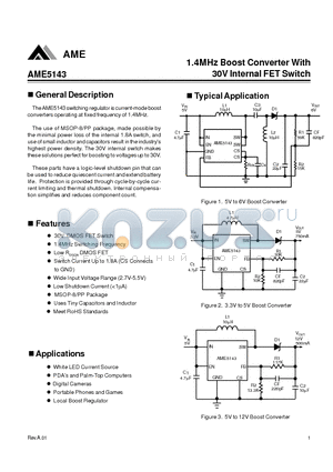 AME5143 datasheet - 1.4MHz Boost Converter With 30V Internal FET Switch