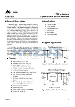 AME5258-AEV180 datasheet - 1.5MHz, 600mA Synchronous Buck Converter