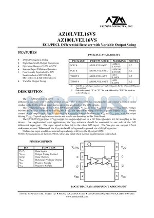 AZ100LVEL16VS datasheet - ECL/PECL Differential Receiver with Variable Output Swing