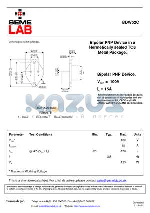 BDW52C datasheet - Bipolar PNP Device in a Hermetically sealed TO3