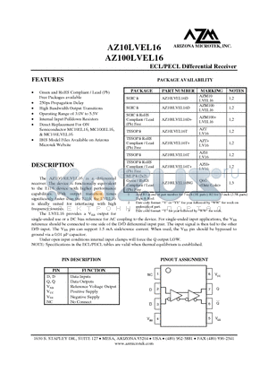 AZ100LVEL16T+ datasheet - ECL/PECL Differential Receiver