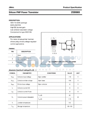 2SB885 datasheet - Silicon PNP Power Transistor