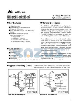 AME7106A datasheet - 3-1/2 Digit A/D Converter High Accuracy, Low Power