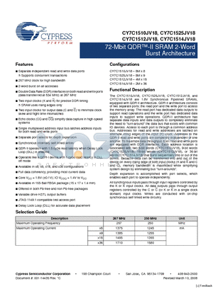 CY7C1525JV18-250BZXC datasheet - 72-Mbit QDR-II SRAM 2-Word Burst Architecture