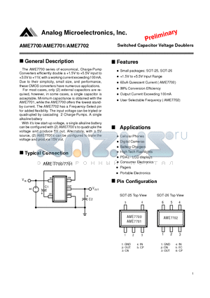 AME7700 datasheet - Switched Capacitor Voltage Doublers