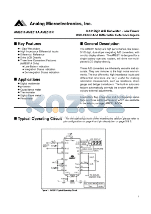 AME811 datasheet - 3-1/2 Digit A/D Converter - Low Power With HOLD And Differential Reference Inputs