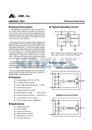 AME8500AEETAA27 datasheet - UProcessor Supervisory