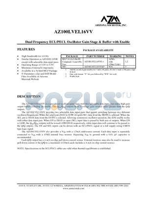 AZ100LVEL16VVXP datasheet - Dual Frequency ECL/PECL Oscillator Gain Stage & Buffer with Enable