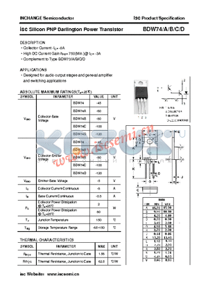 BDW74 datasheet - isc Silicon PNP Darlington Power Transistor